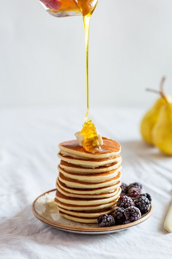 pancakes, honey, breakfast
