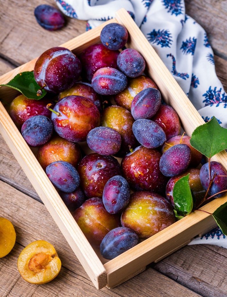 plum, box, fruit